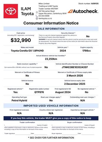 image-16, 2024 Toyota Corolla GX 1.8P HEV CVT FWD Hatch at Christchurch