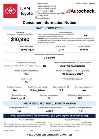 image-16, 2016 Toyota Aqua 1.5 Hybrid S 2WD at Christchurch