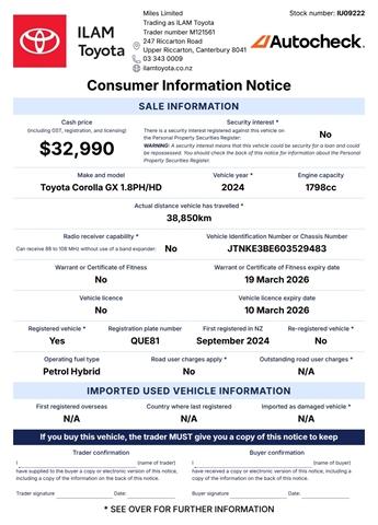 image-16, 2024 Toyota Corolla GX 1.8P HEV CVT FWD Hatch at Christchurch