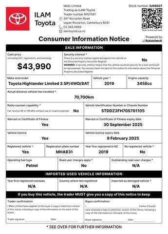 image-19, 2019 Toyota Highlander Limited 3.5L Petrol 4WD at Christchurch