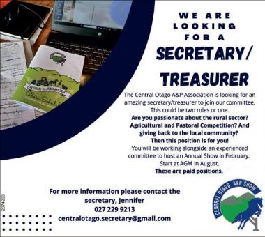 WE ARE LOOKING FOR A SECRETARY/TREASURER in Otago