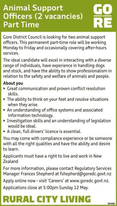 Animal Support Officers (2 vacancies) in Southland