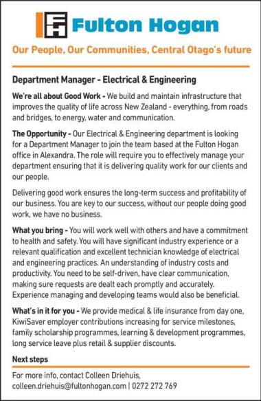 Department Manager - Electrical & Engineering in Otago