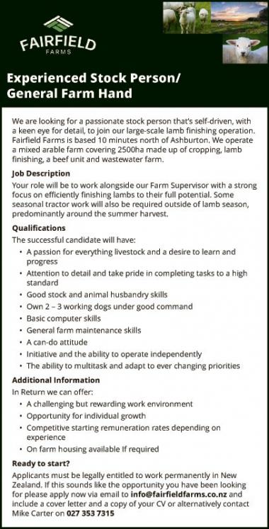 Experienced Stock Person/General Farm Hand