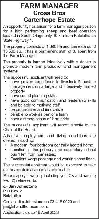 FARM MANAGER in Otago