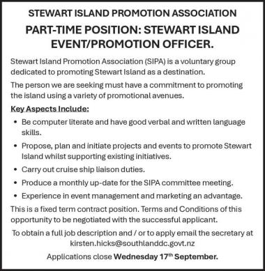 STEWART ISLAND EVENT/PROMOTION OFFICER