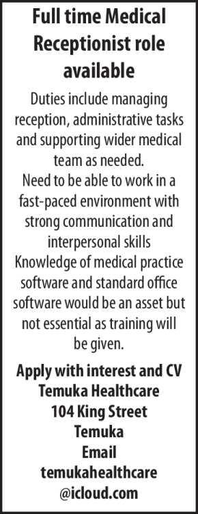 Full time Medical Receptionist role available