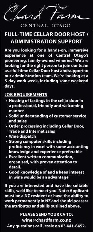 Full-time Cellar Door Host/Administration support