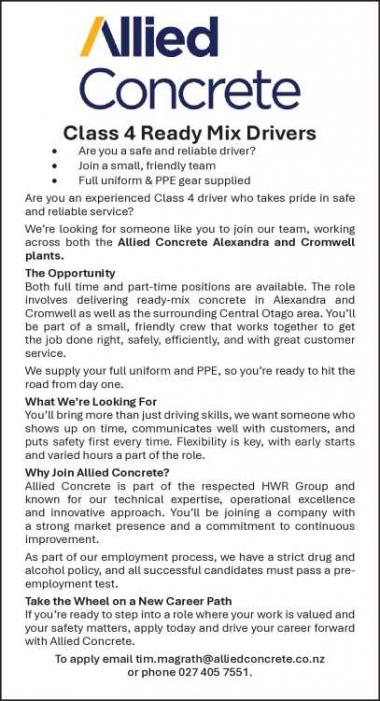 Class 4 Ready Mix Drivers in Otago