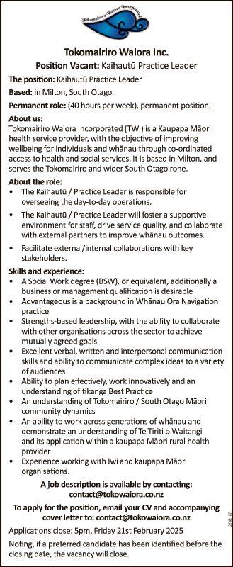 Position Vacant: Kaihautu Practice Leader