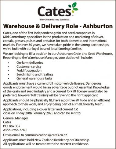 Warehouse & Delivery Role - Ashburton in Canterbury