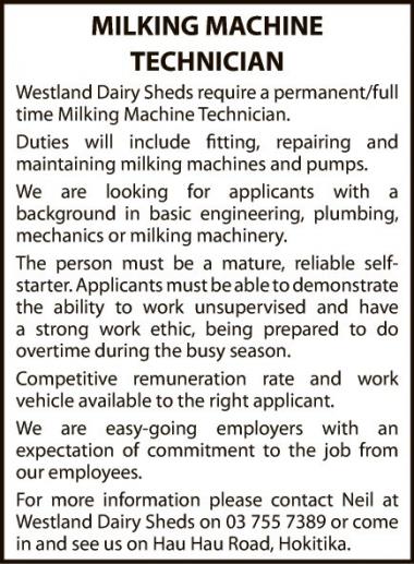 MILKING MACHINE TECHNICIAN in West Coast