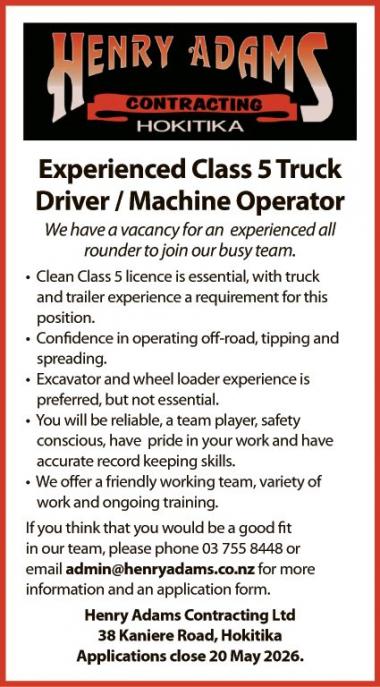 Experienced Class 5 Truck Driver/Machine Operator