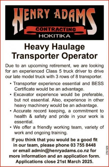 Heavy Haulage Transporter Operator