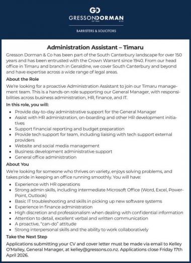 Administration Assistant – Timaru