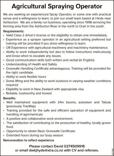 Agricultural Spraying Operator in Canterbury