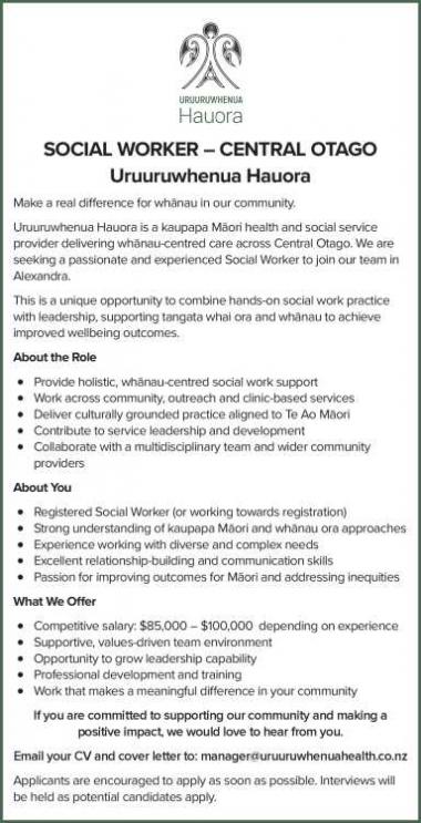 SOCIAL WORKER – CENTRAL OTAGO