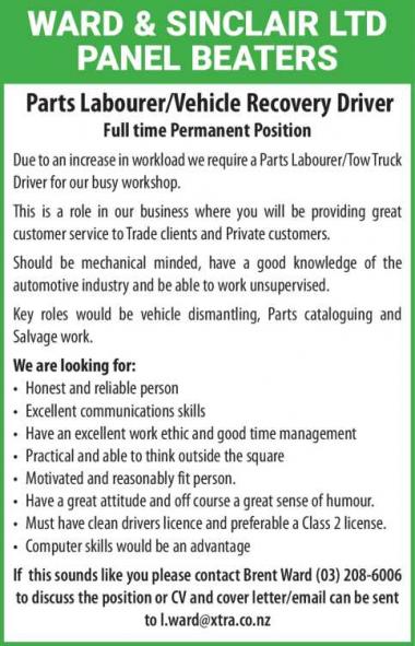 Parts Labourer/Vehicle Recovery Driver