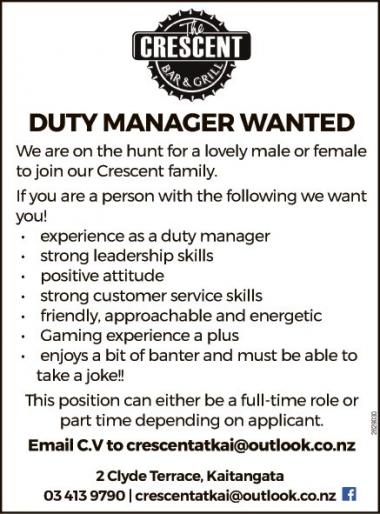 DUTY MANAGER WANTED