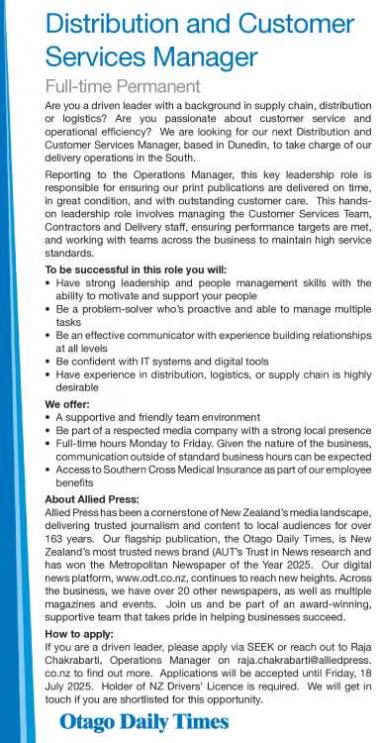 Distribution and Customer Services Manager in Otago