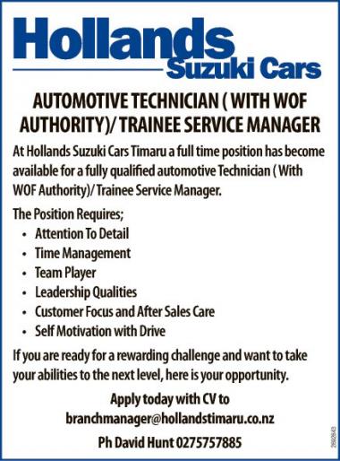 AUTOMOTIVE TECHNICIAN (WITH WOF AUTHORITY)/