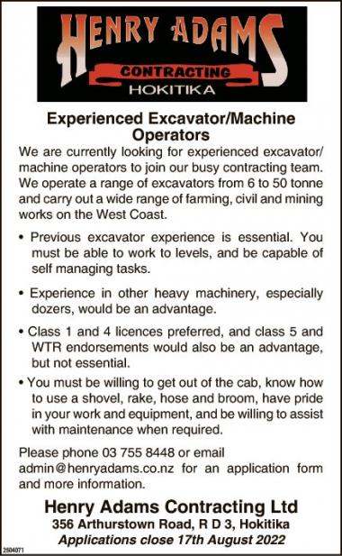 Experienced Excavator/Machine Operators