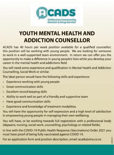YOUTH MENTAL HEALTH AND ADDICTION COUNSELLOR in Canterbury