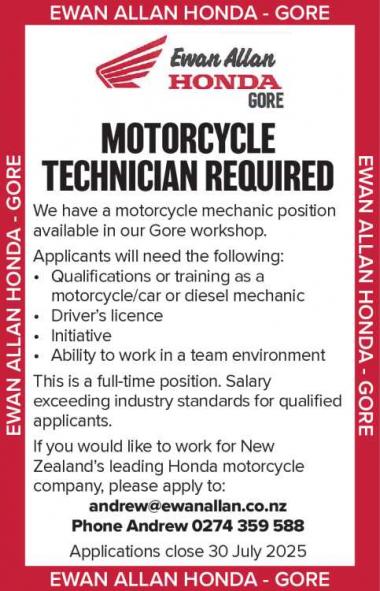 MOTORCYCLE TECHNICIAN REQUIRED in Southland