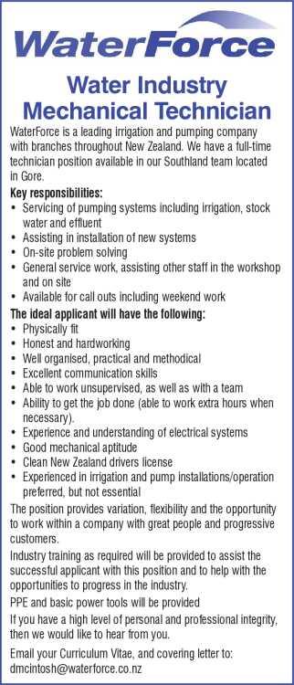 Water Industry Mechanical Technician in Southland