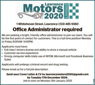 Office Administrator required in Otago