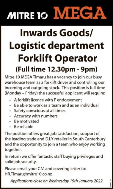 Inwards Goods/Logistic department Forklift Operat