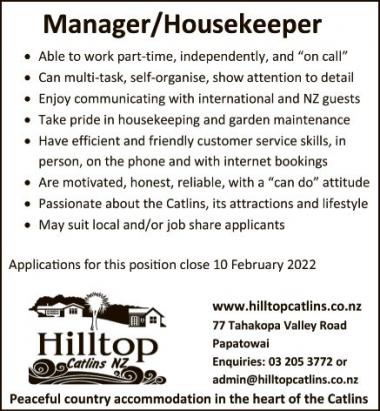 Manager/Housekeeper in Otago