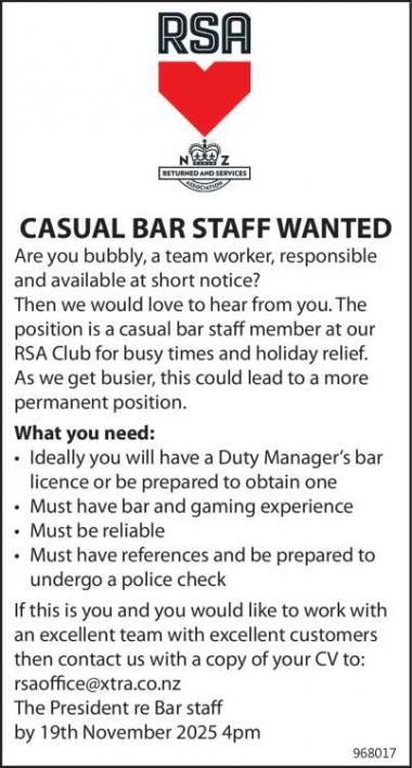 CASUAL BAR STAFF WANTED