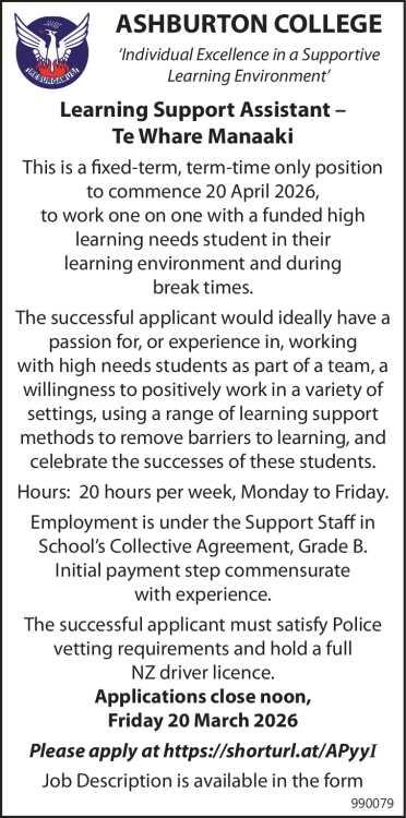 Learning Support Assistant –  Te Whare Manaaki
