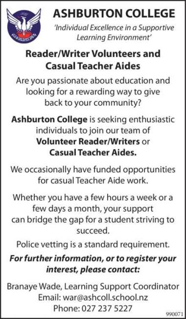 Reader/Writer Volunteers and Casual Teacher Aides