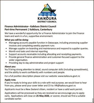 Finance Administrator– Kaikoura District Council