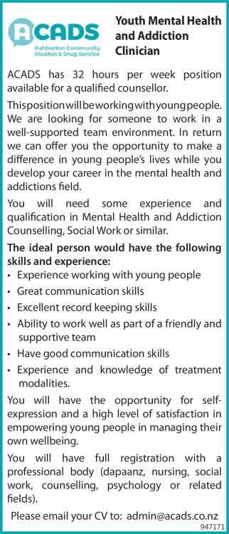 Youth Mental Health and Addiction Clinician in Canterbury