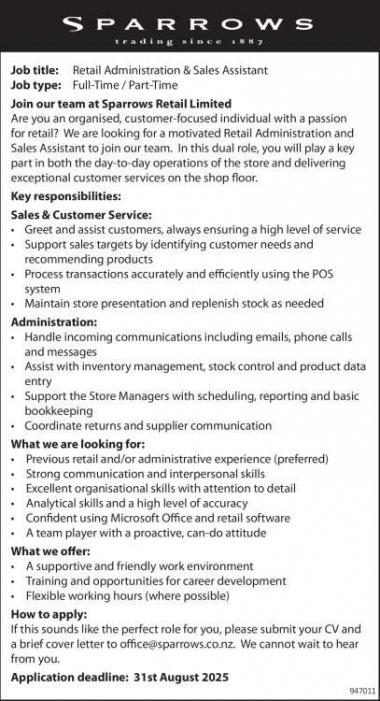 Retail Administration & Sales Assistant