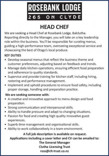 HEAD CHEF in Otago