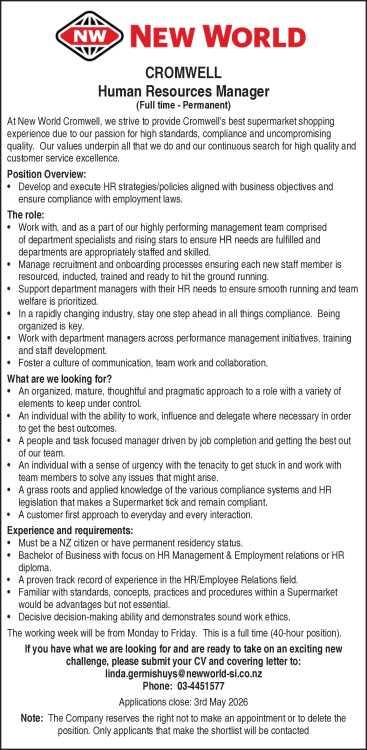 Human Resources Manager (Full time - Permanent)