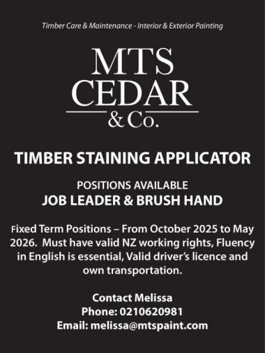TIMBER STAINING APPLICATOR POSITIONS AVAILABLE