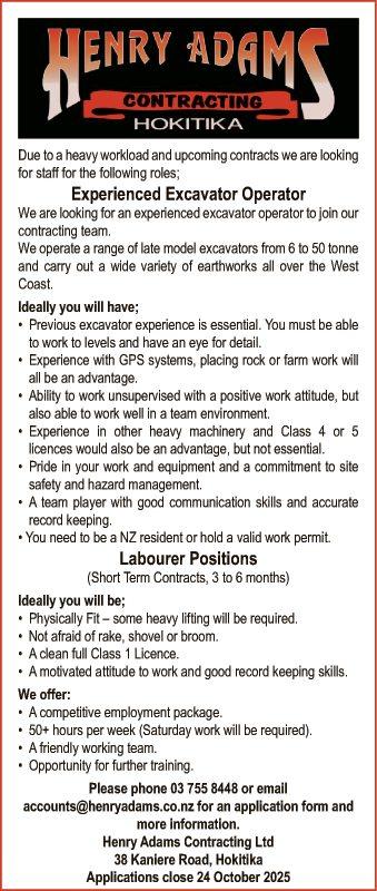 Looking for staff for the following roles;