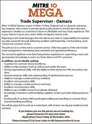 Trade Supervisor - Oamaru