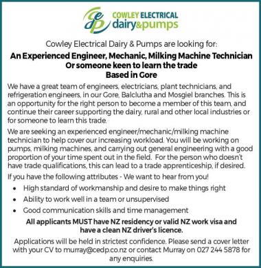 Cowley Electrical Dairy & Pumps are looking for: