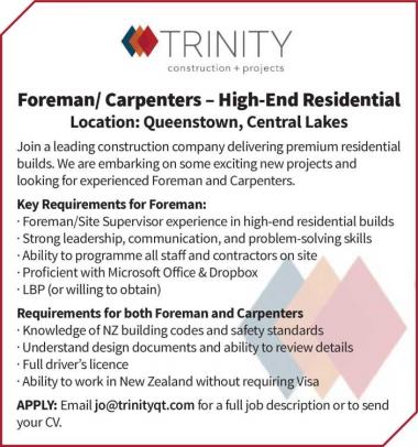 Foreman/Carpenters – High-End Residential in Otago
