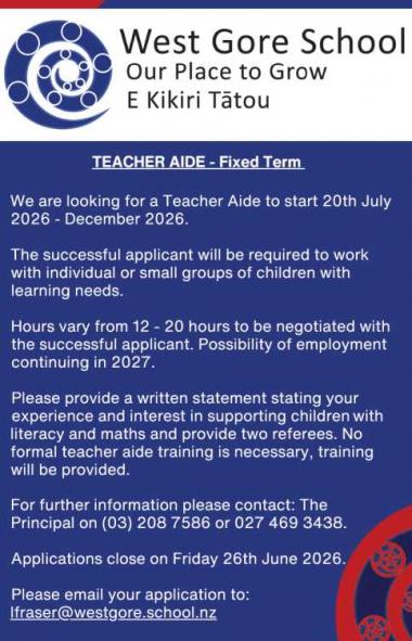 TEACHER AIDE - Fixed Term in Southland