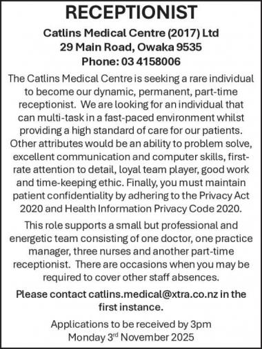 RECEPTIONIST in Otago
