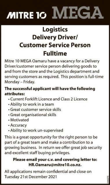 Logistics Delivery Driver/Customer Service Person