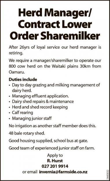 Herd Manager/Contract Lower Order Sharemilker