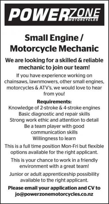Small Engine/Motorcycle Mechanic in Otago